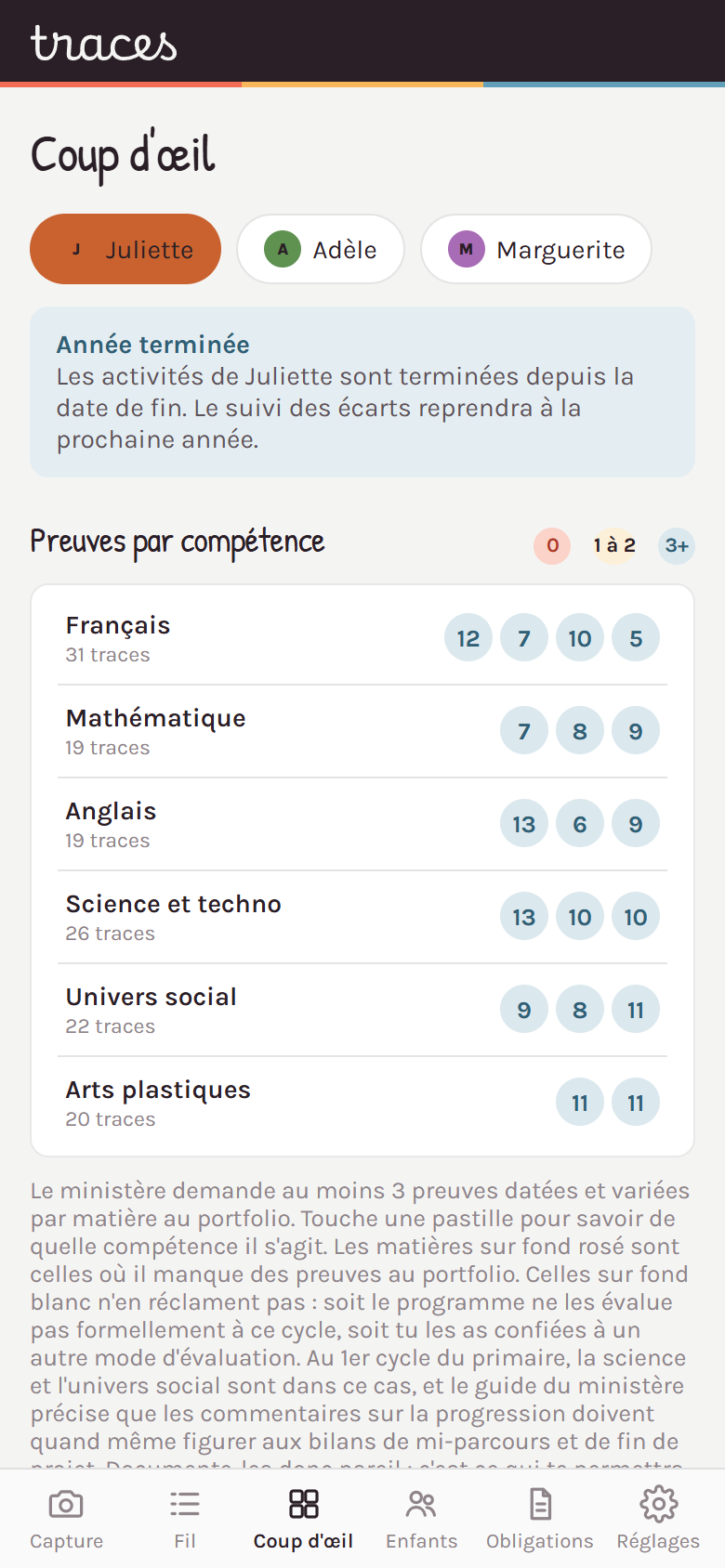 Le tableau des preuves par compétence