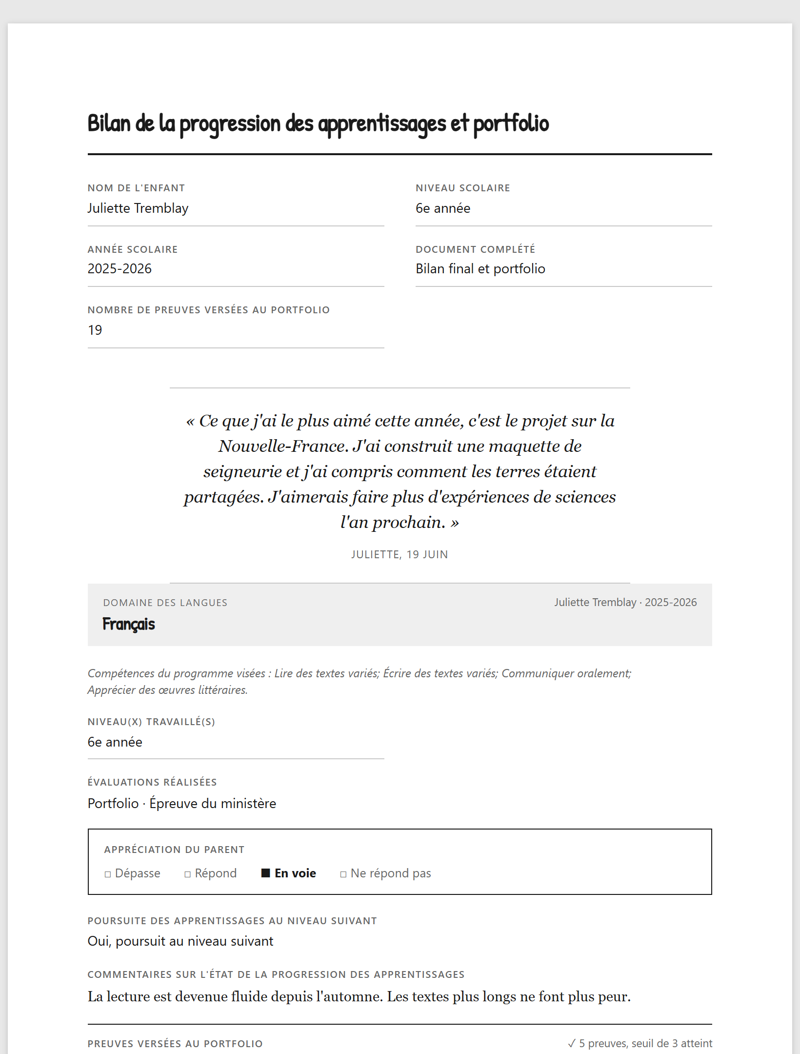 Le bilan et le portfolio imprimés