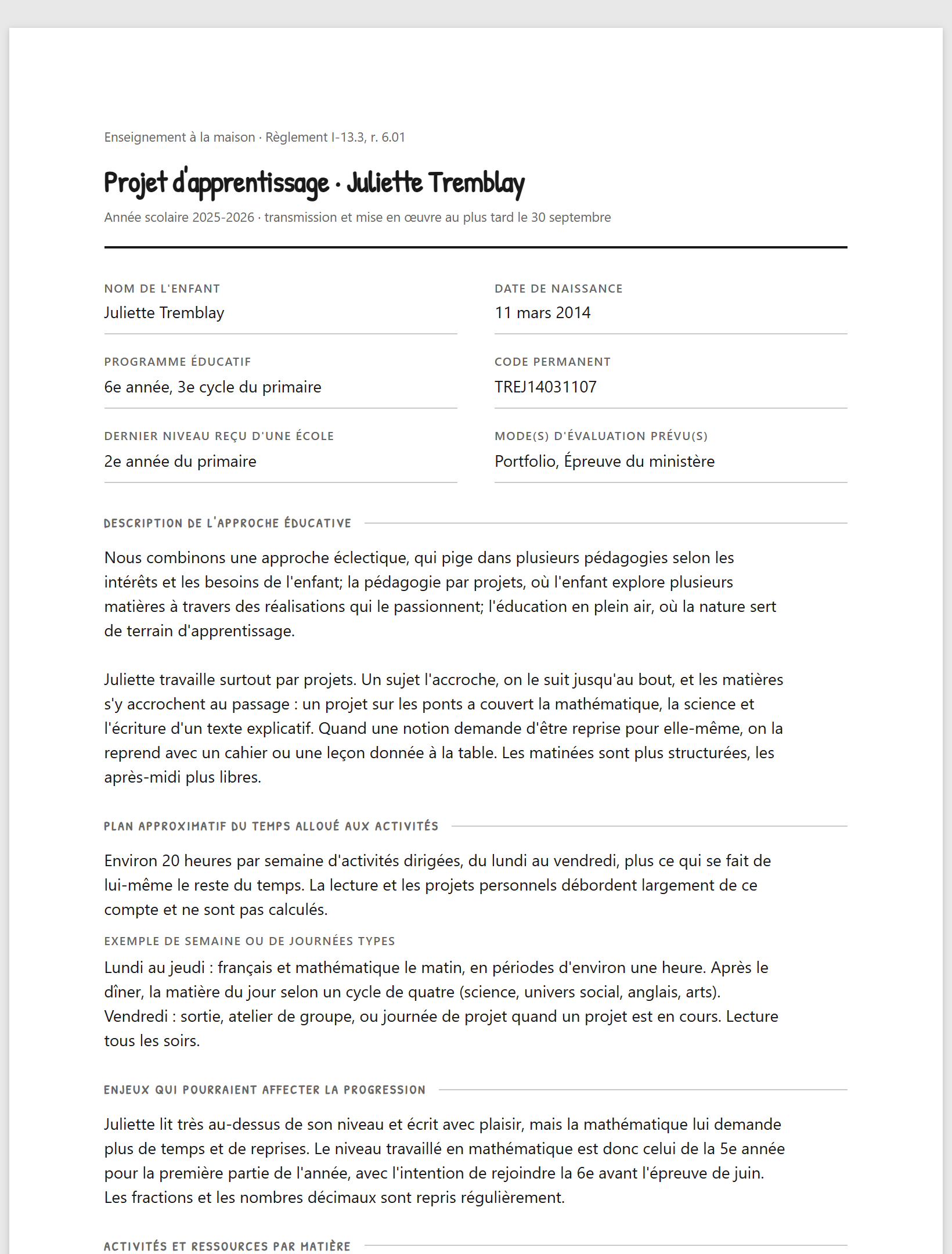Le projet d'apprentissage imprimé