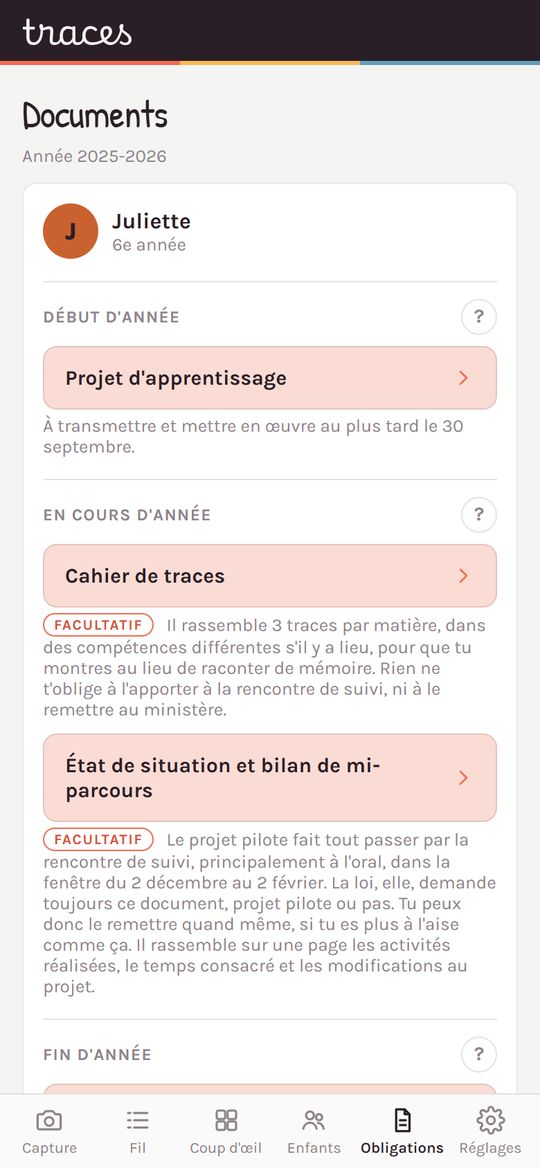 La liste des documents par moment de l'année