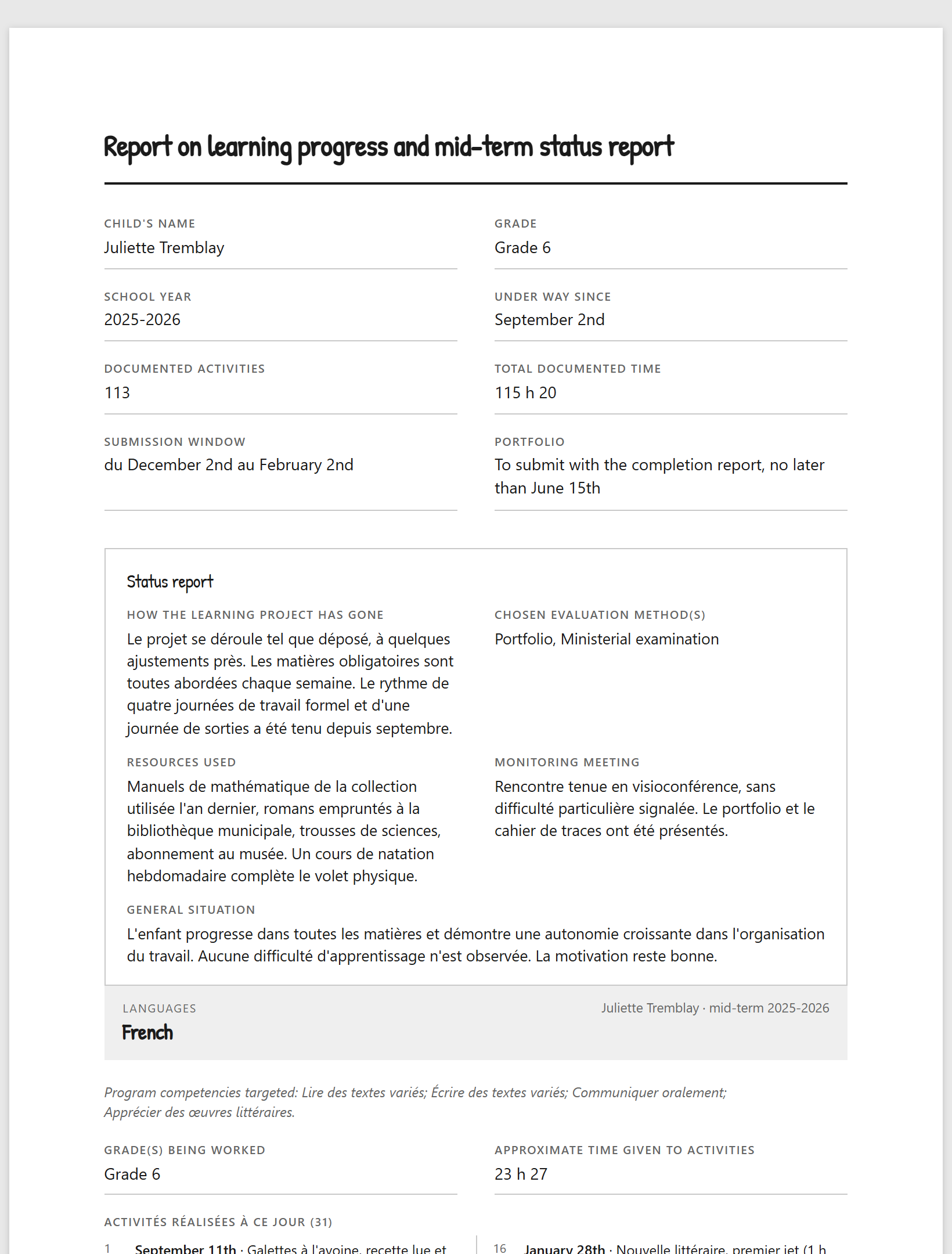 The printed status report