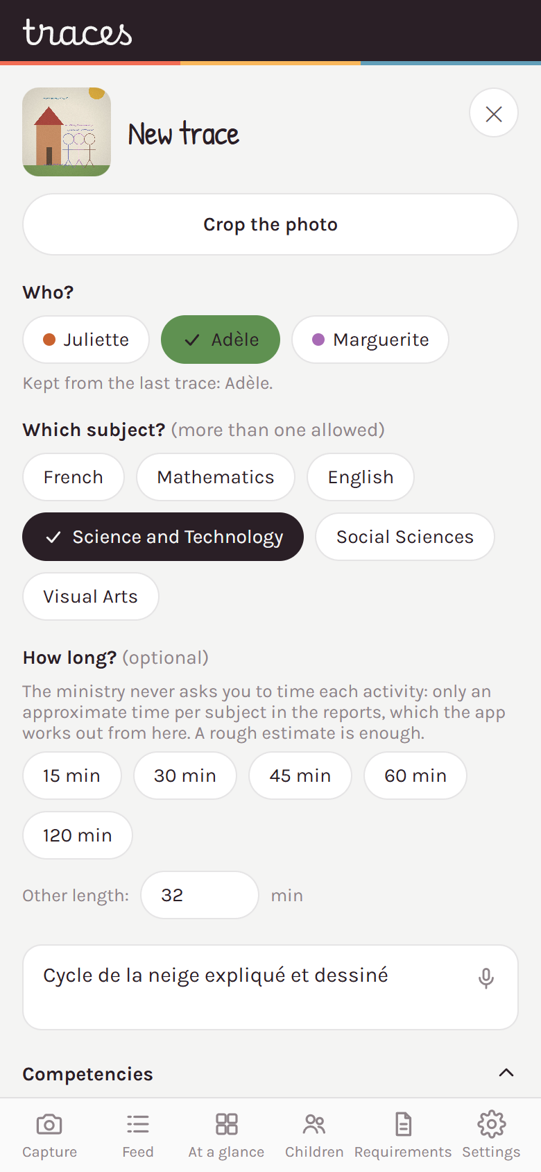The entry screen: the child, the subject, the length and a line about the activity
