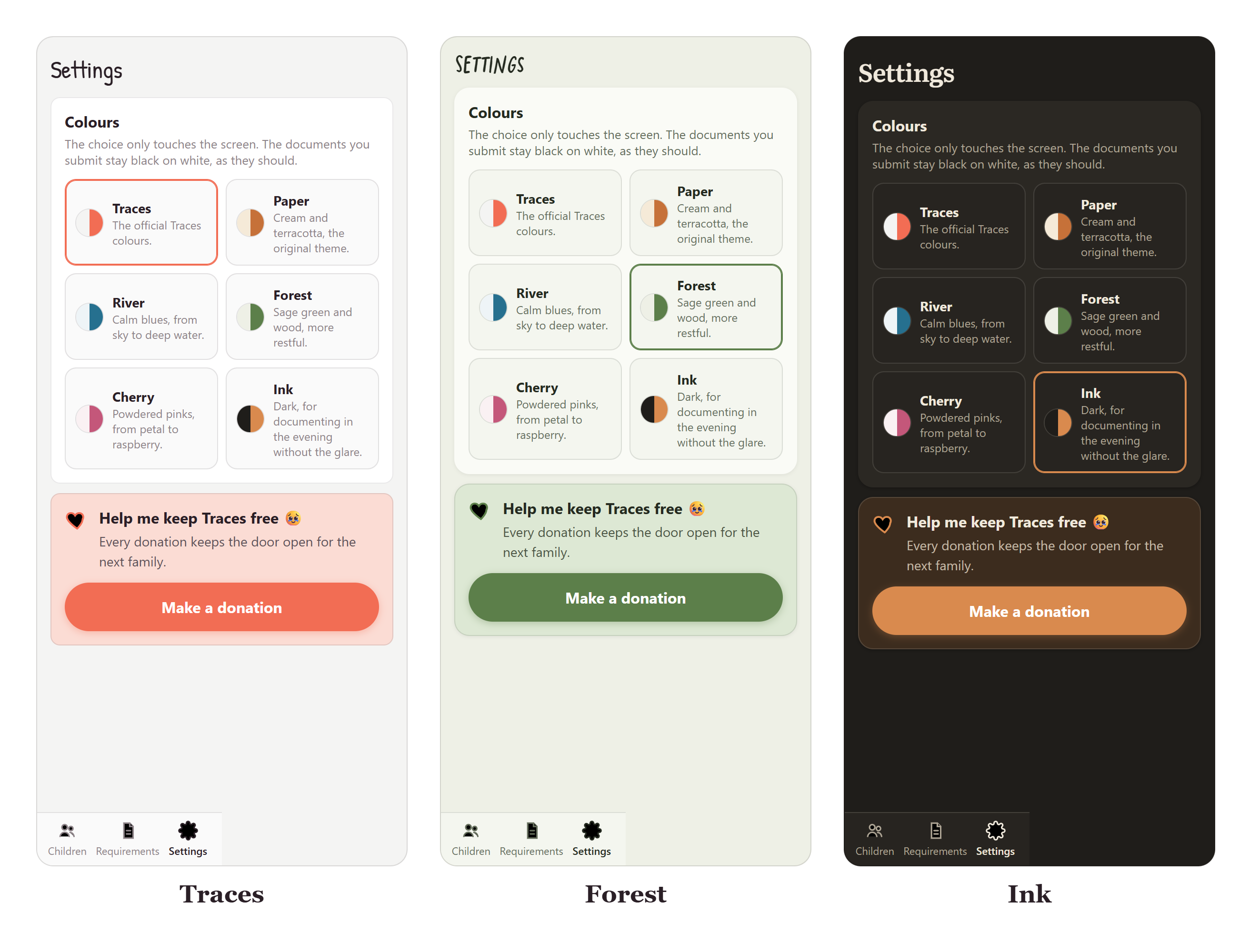 The same screen in three of the six themes