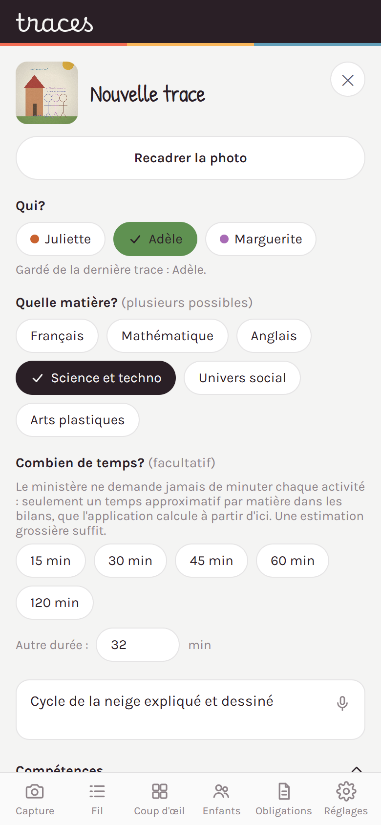 L'écran de saisie : l'enfant, la matière, la durée et une ligne sur l'activité